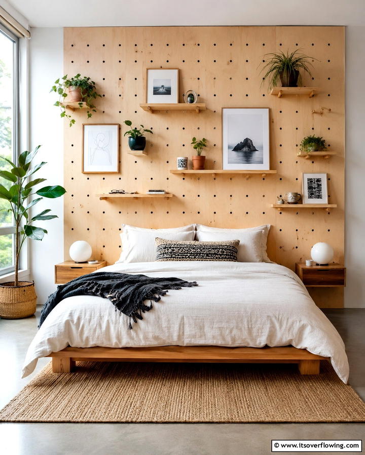 Pegboard Backdrop - 25 No Headboard Ideas for a Modern and Minimalist Bedroom