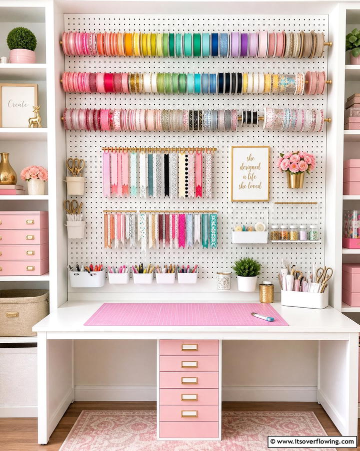 Pegboard Ribbon Display - 20 Ribbon Storage Ideas- Organize Your Craft Supplies