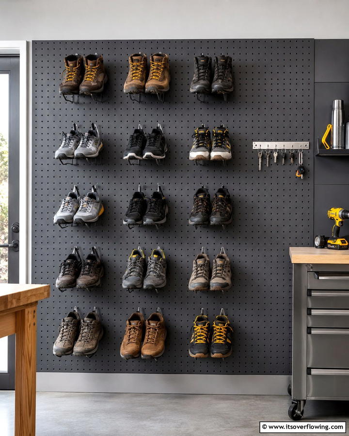 Pegboard Shoe Organizer - 25 Smart Garage Shoe Storage Ideas for Organization