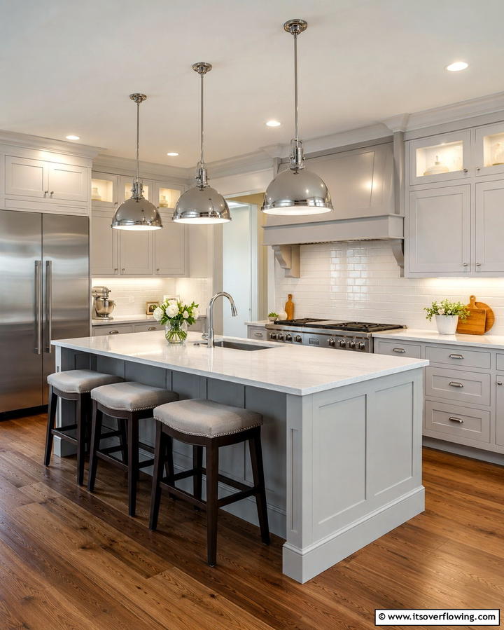 Pendant Lighting Over Island - 25 Grey and White Kitchen Ideas for a Classic Look