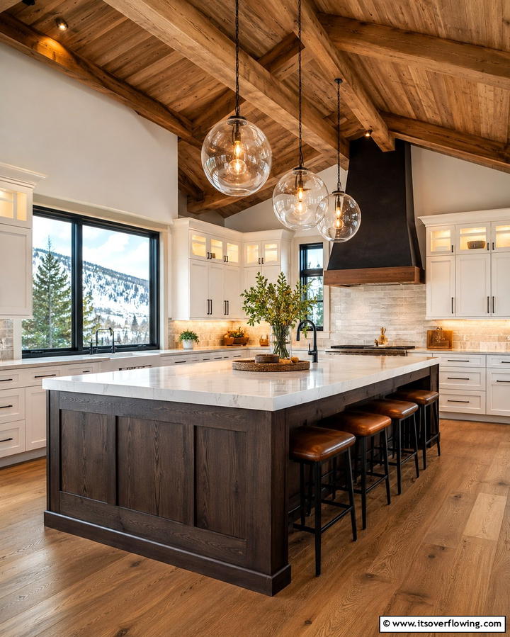 Pendant Lighting Over Islands - 25 Mountain House Kitchen Ideas for Rustic Charm