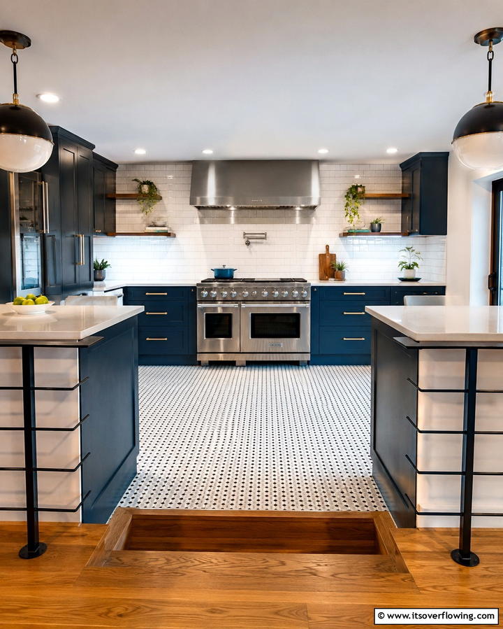 Pendant Lighting to Highlight Levels - 30 Modern Split Level Kitchen Design Concepts