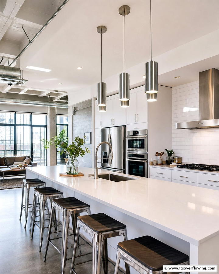 Pendant Lighting with Stainless Steel Finishes - 25 White Kitchen with Stainless Steel Appliances Ideas