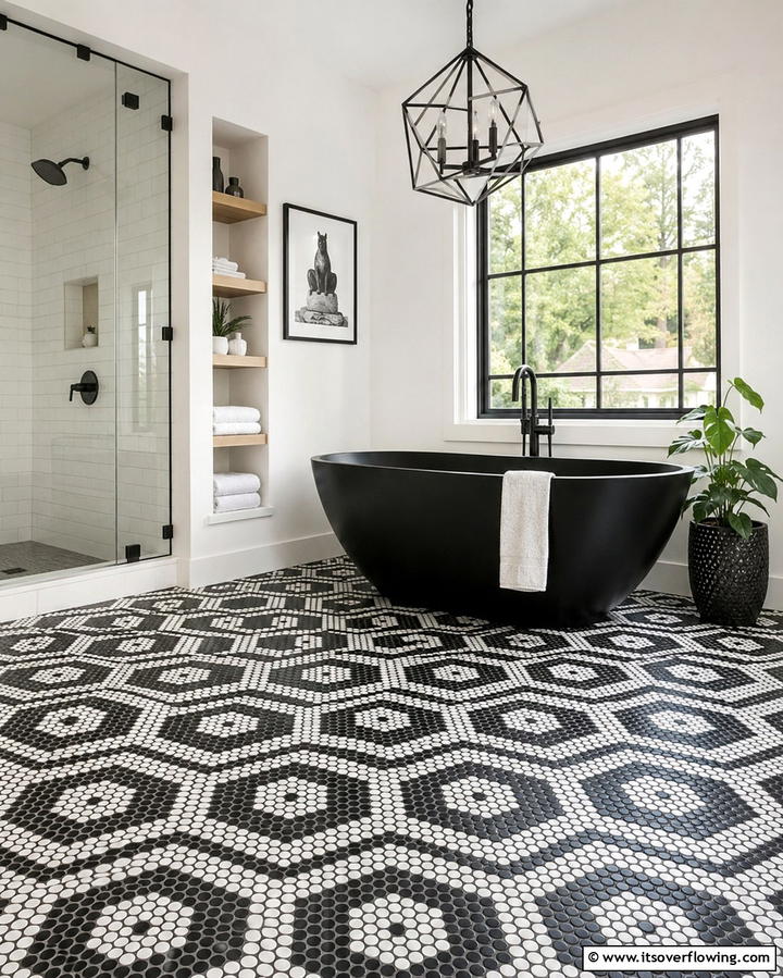 Penny Tile with a Honeycomb Effect - 25 Penny Tile Bathroom Floor Ideas for a Unique Look