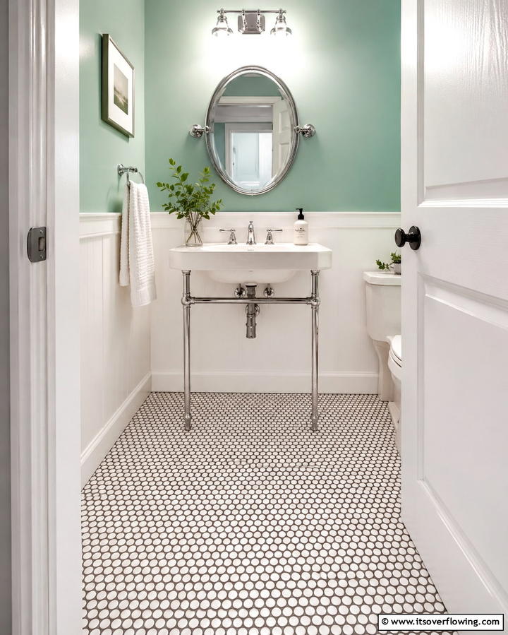 Penny Tiles for a Retro Look - 30 Powder Room Floor Tile Ideas for Elegant Small Spaces