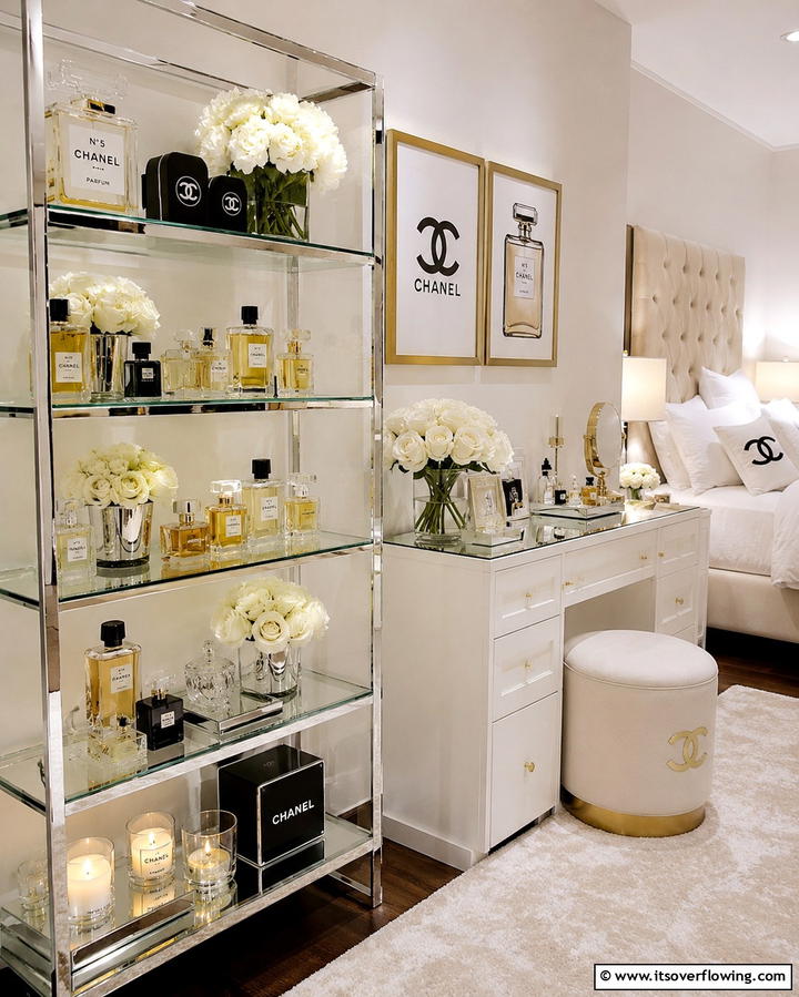 Perfume Display Shelf - 25 Chanel Bedroom Ideas for a Luxurious and Chic Space