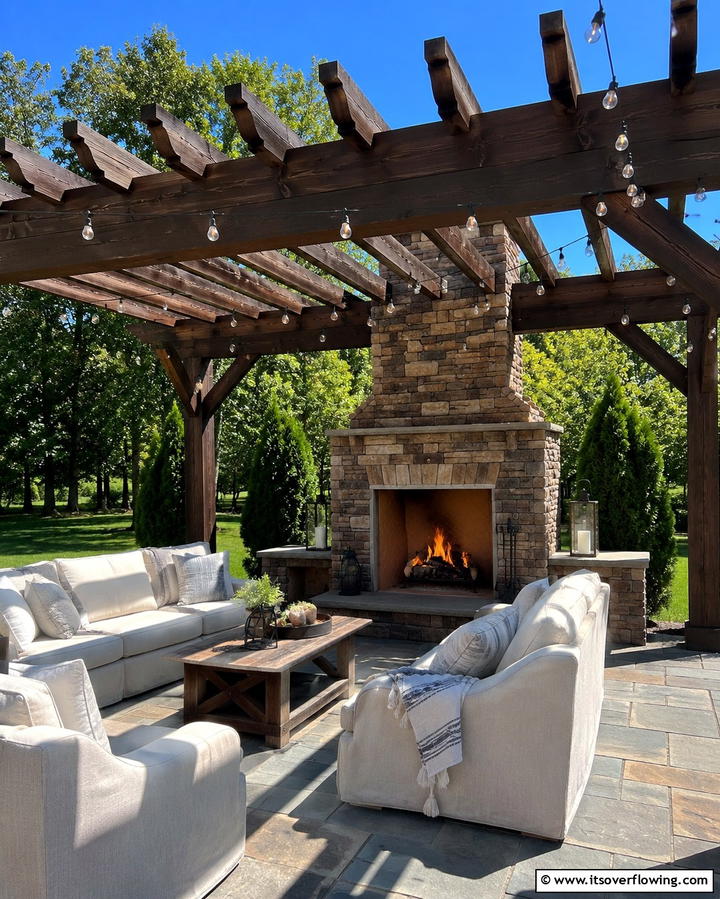 Pergola Covered Fireplace with String Lights - 25 Outdoor Fireplace Ideas to Enhance Your Backyard