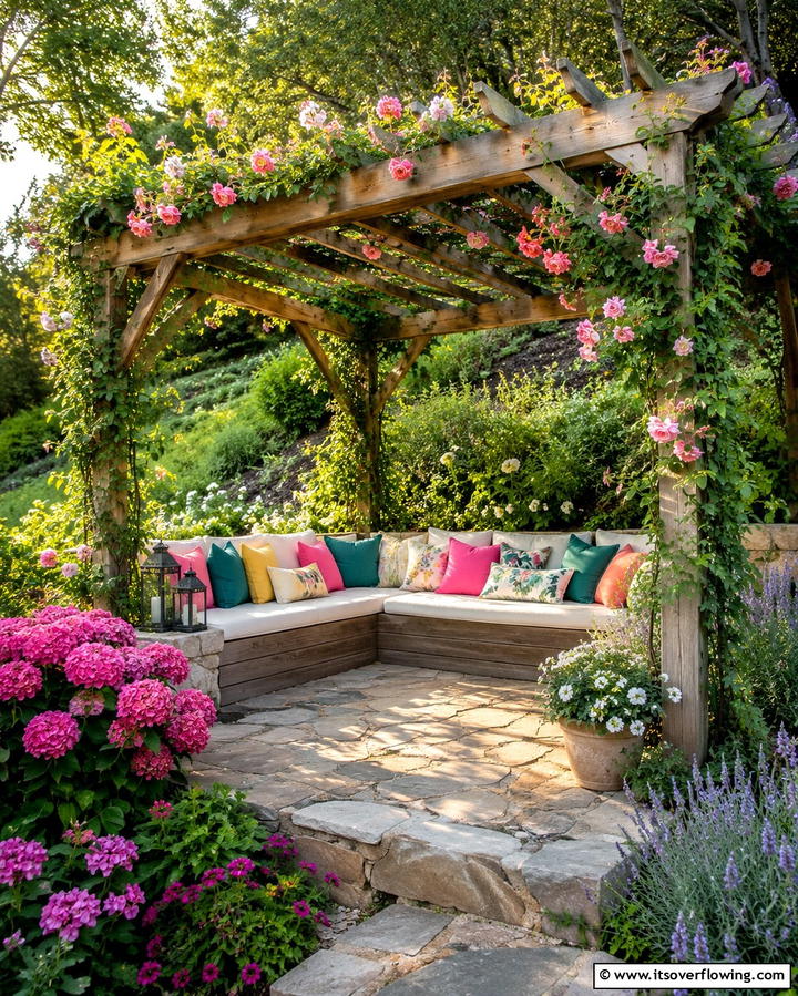 Pergola Covered Seating Nook - 25 Down Sloped Backyard Ideas for a Unique Outdoor Space