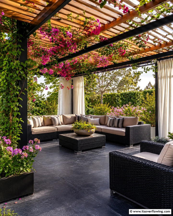 Pergola Pairing - 25 Black Concrete Patio Ideas for Modern Outdoor Spaces