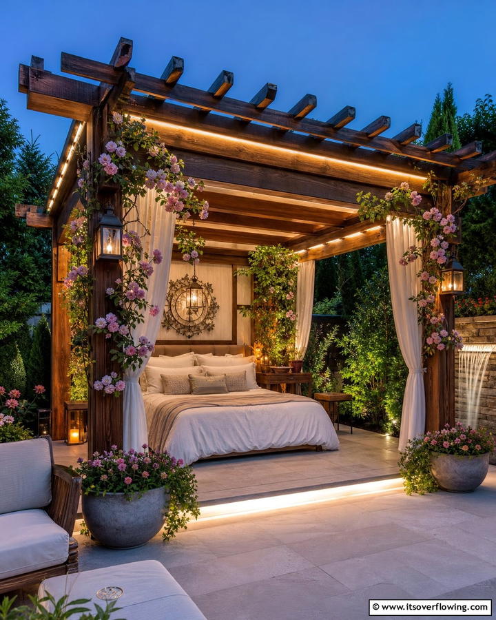 Pergola with Built In Lighting - 20 Outdoor Bedroom Ideas for a Relaxing Retreat