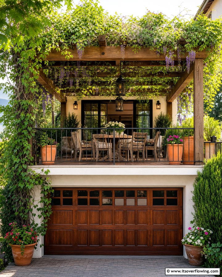 Pergola with Climbing Plants - 20 Balcony Over Garage Ideas for Extra Space