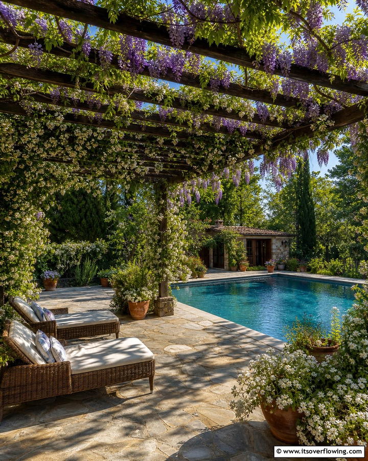 Pergola with Climbing Vines - 17 Pool Shade Ideas for Stylish Outdoor Swimming Areas