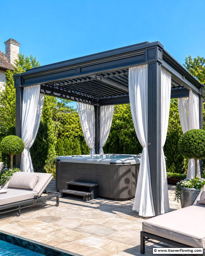Pergola with Drapes - 25 Hot Tub Enclosure Ideas for Year-Round Relaxation