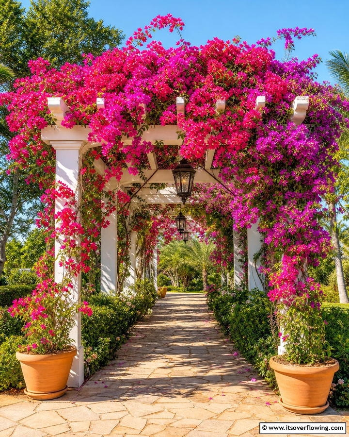 Pergola with Draping Bougainvillea - 30 Greek Garden Ideas- Mediterranean-Inspired Landscaping