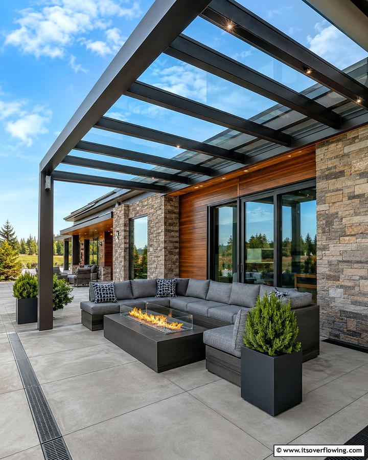 Pergola with Glass Panels - 25 Front Porch Pergola Ideas for a Charming Entrance