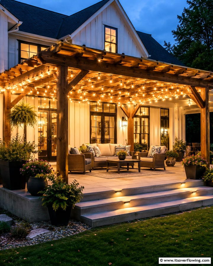 Pergola with String Lights - 25 Front Porch Pergola Ideas for a Charming Entrance