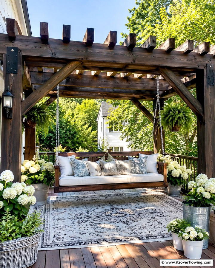 Pergola with Suspended Swing - 25 Small Patio Pergola Ideas for Cozy Outdoor Spaces