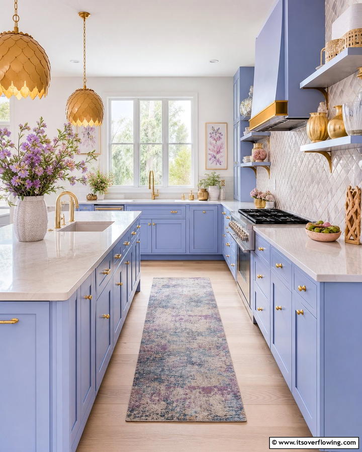 Periwinkle Blue Cabinets with Satin Gold Knobs - 25 Blue Kitchen Cabinets With Gold Hardware for a Luxe Look