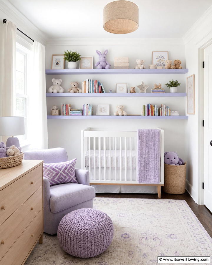Periwinkle Shelving for Practical Elegance - 20 Purple Nursery Ideas for a Dreamy Baby Room