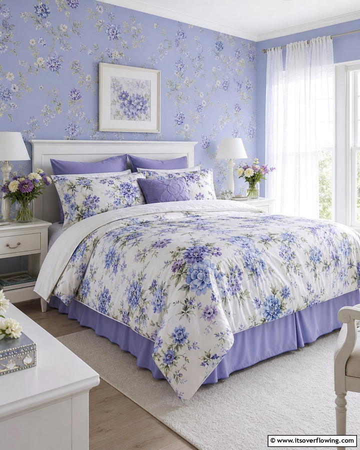 Periwinkle and Floral Patterns - 20 Periwinkle Bedroom Ideas for a Calming Retreat