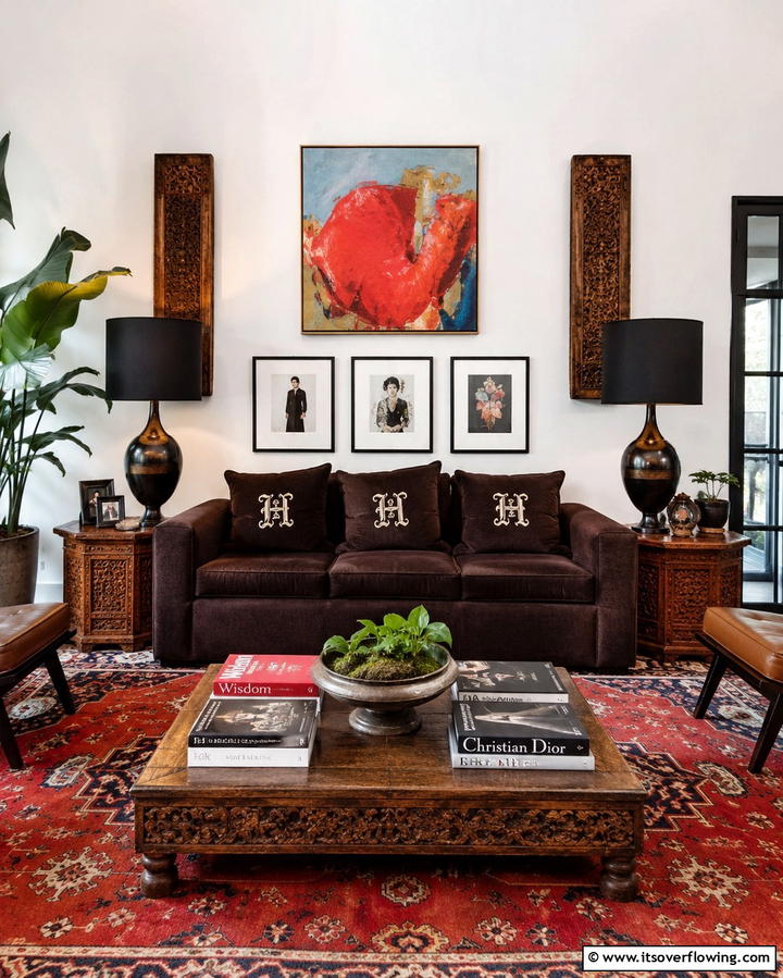 Personalized Space with Custom Details - 30 Warm Dark Brown Couch Styling Ideas for Cozy Living Rooms