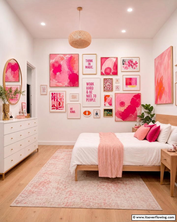Pink Art Gallery Wall - 20 Hot Pink Bedroom Ideas for Vibrant Spaces