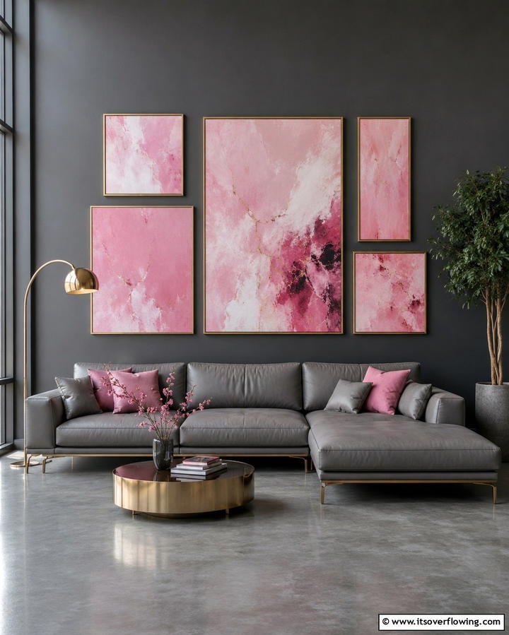 Pink Artwork on Grey Walls - 25 Pink and Grey Living Room Ideas for a Chic Space