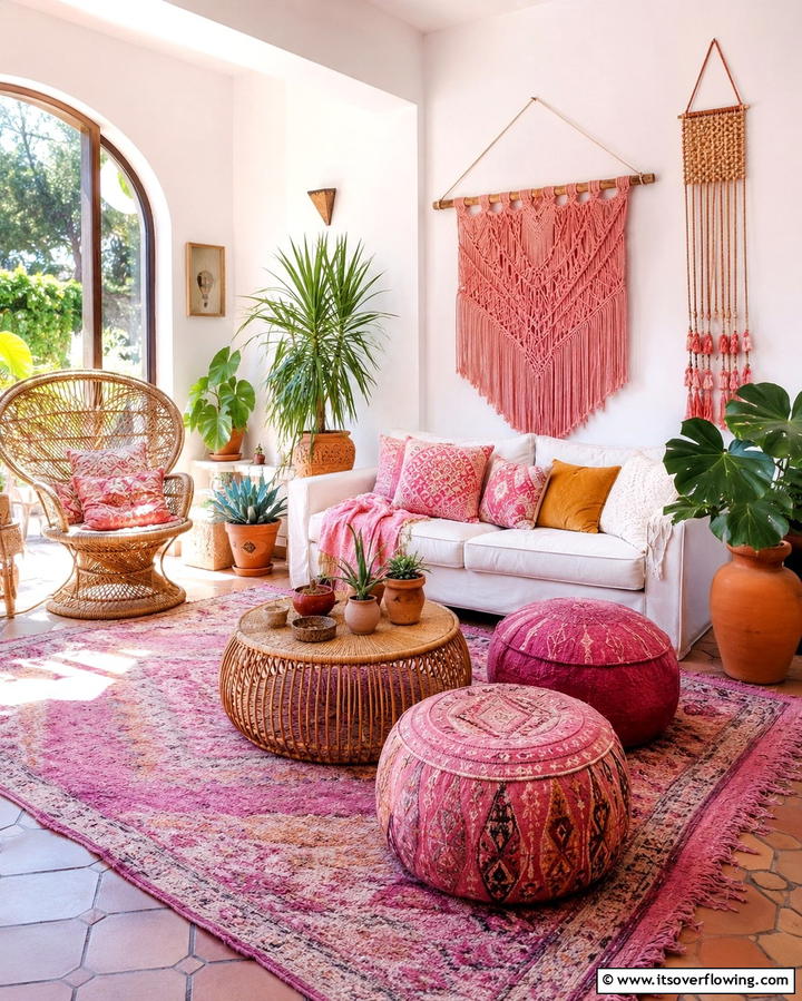 Pink Bohemian Vibes - 30 Pink Living Room Ideas for Soft and Inviting Spaces