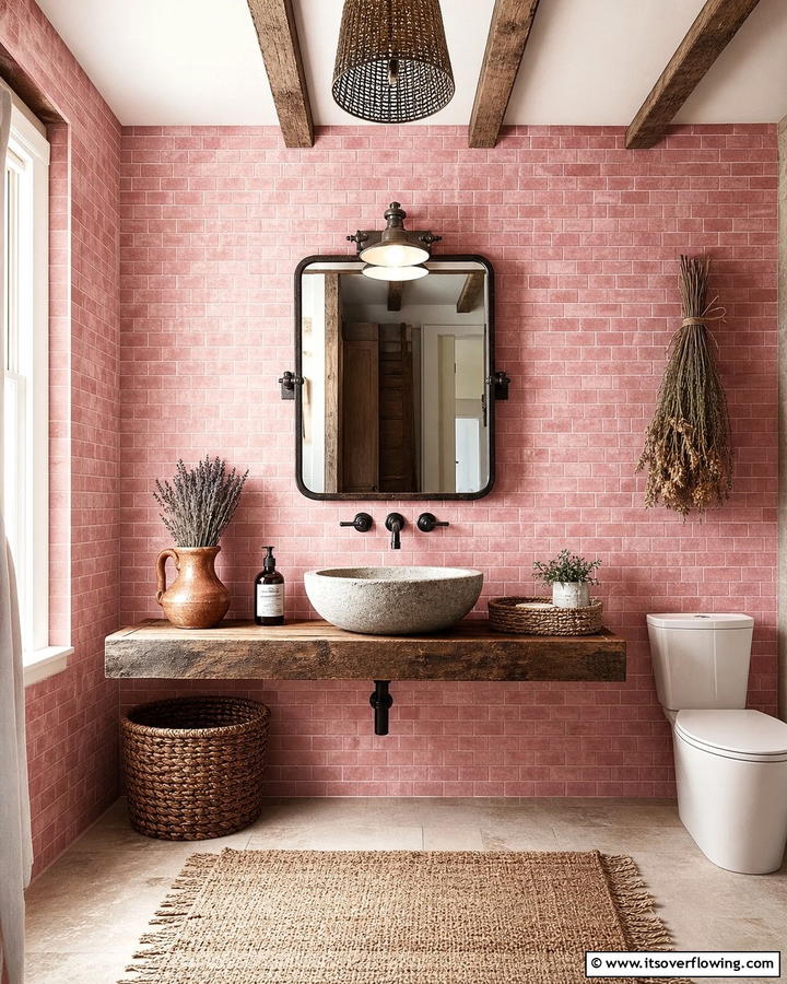 Pink Brick Tiles for a Rustic Charm - 20 Pink Tile Bathroom Ideas for a Vibrant Look