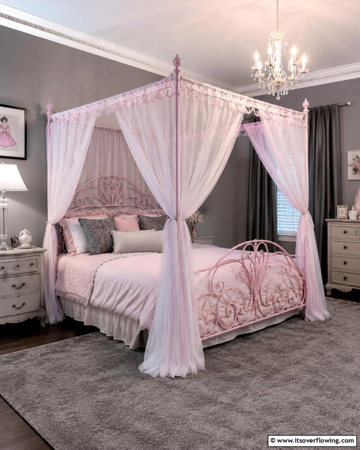 Pink Canopy Bed with Grey Accents - 25 Pink and Grey Bedroom Ideas for a Serene Space