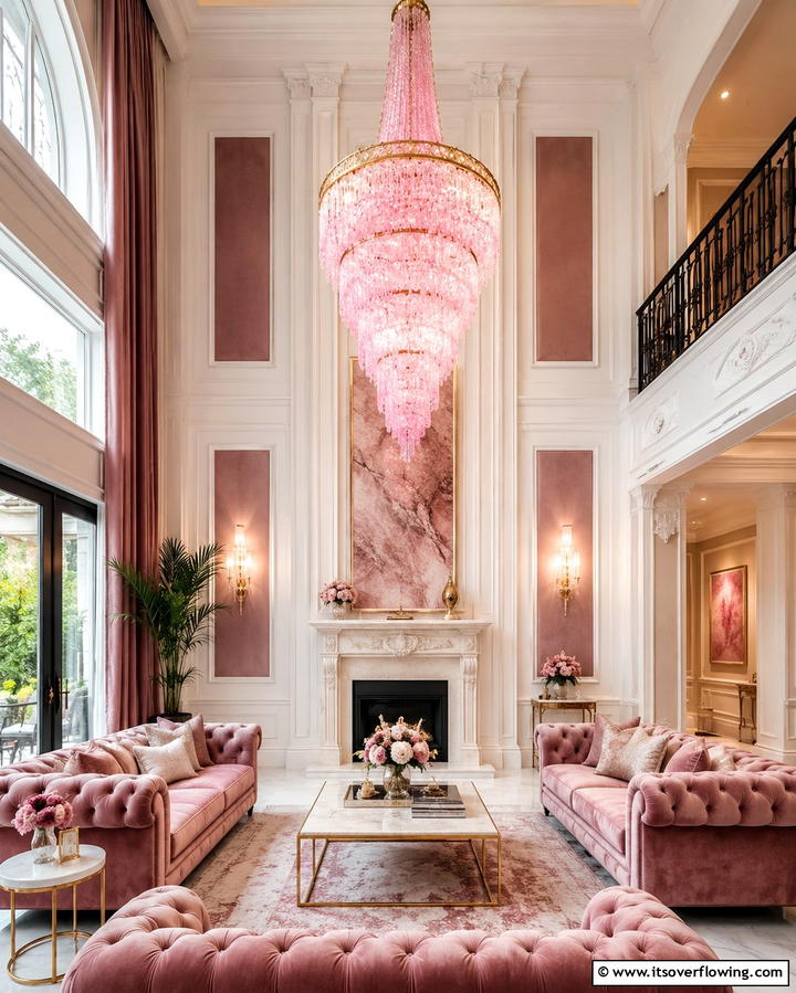Pink Chandeliers for a Glamorous Glow - 30 Pink Living Room Ideas for Soft and Inviting Spaces