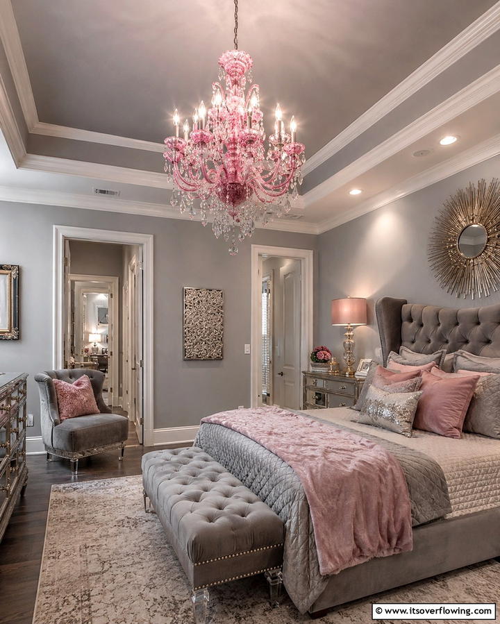 Pink Chandeliers with Grey Interiors - 25 Pink and Grey Bedroom Ideas for a Serene Space
