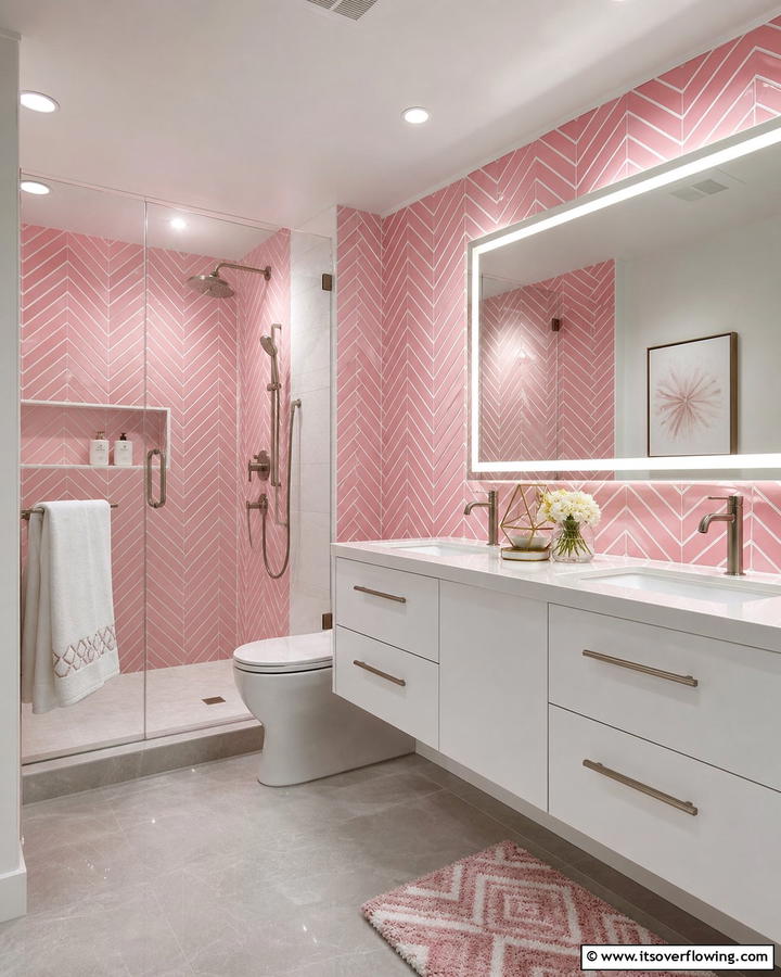 Pink Chevron Tiles for Dynamic Movement - 20 Pink Tile Bathroom Ideas for a Vibrant Look