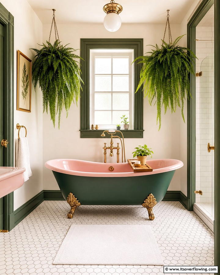 Pink Clawfoot Tub with Green Trim - 20 Vibrant Pink and Green Bathroom Design Ideas
