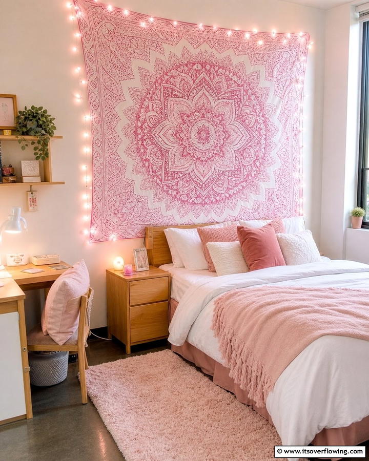 Pink Decorative Tapestries - 20 Pink Dorm Room Ideas for a Cozy College Space