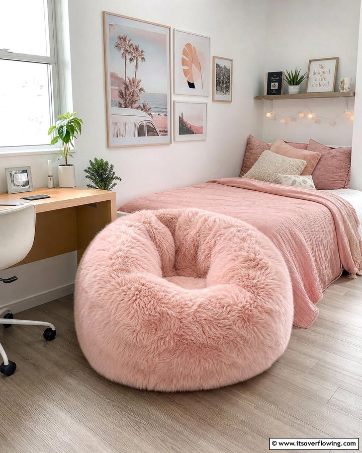 Pink Faux Fur Bean Bag Chair - 20 Pink Dorm Room Ideas for a Cozy College Space