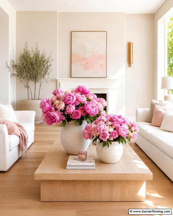 Pink Floral Arrangements for Freshness - 30 Pink Living Room Ideas for Soft and Inviting Spaces