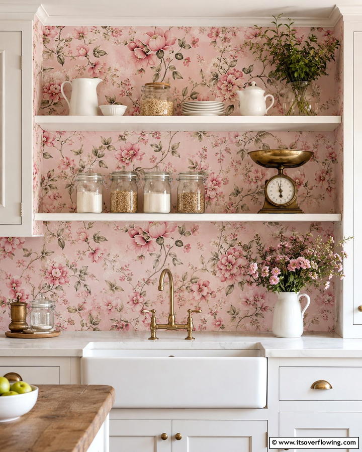 Pink Floral Wallpaper - 30 Pink Kitchen Ideas to Refresh Your Cooking Space