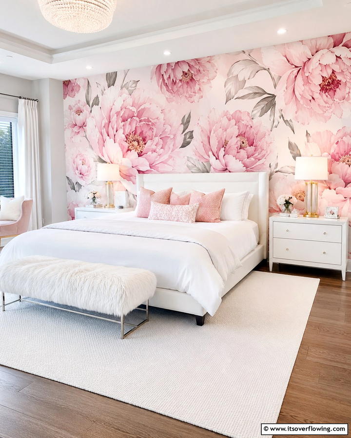 Pink Floral Wallpaper for a Feminine Touch - 25 Pink and White Bedroom Ideas for a Fresh and Airy Look
