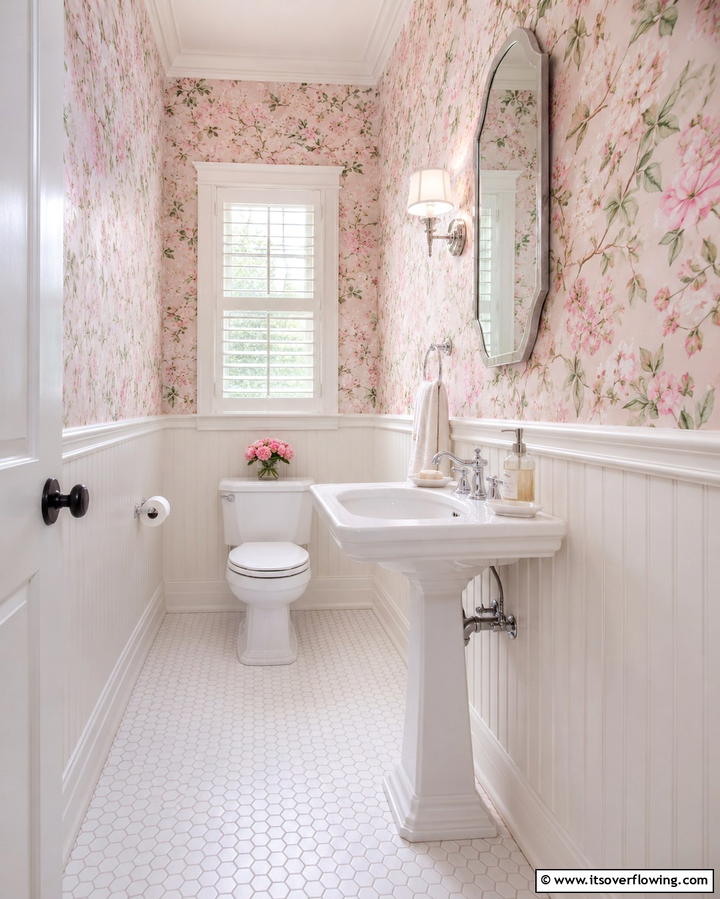 Pink Floral Wallpaper for a Feminine Touch - 25 Pink Bathroom Ideas for a Soft and Serene Space