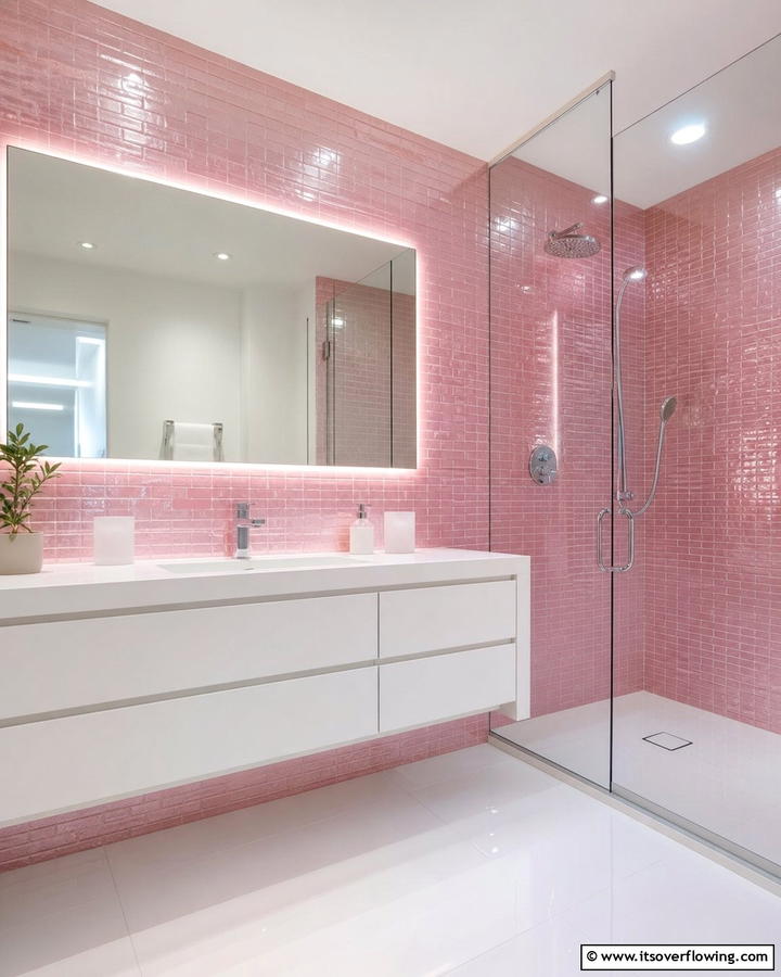 Pink Glass Tiles for a Sleek Finish - 20 Pink Tile Bathroom Ideas for a Vibrant Look