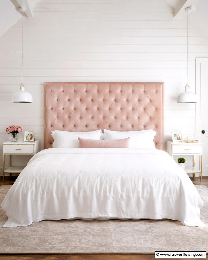 Pink Headboard with White Linens - 25 Pink and White Bedroom Ideas for a Fresh and Airy Look