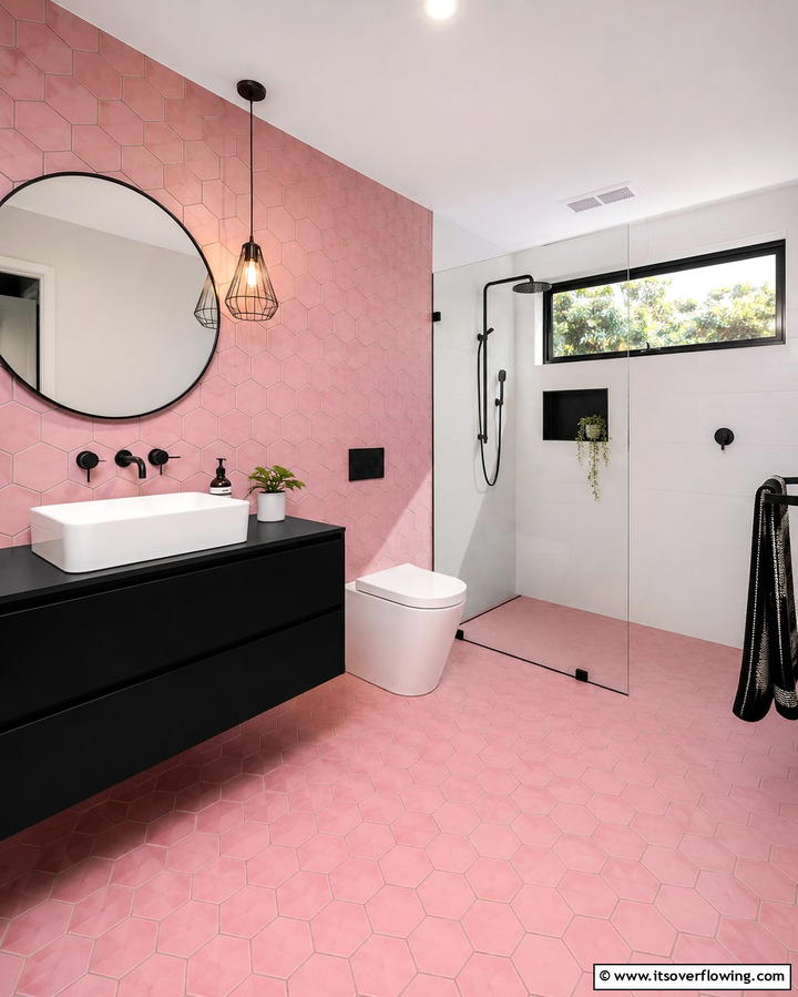 Pink Hexagonal Tiles for a Modern Twist - 25 Pink Bathroom Ideas for a Soft and Serene Space