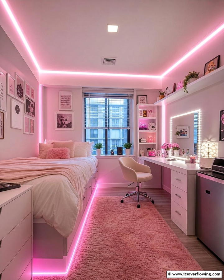 Pink LED Lights for a Modern Glow - 20 Pink Dorm Room Ideas for a Cozy College Space
