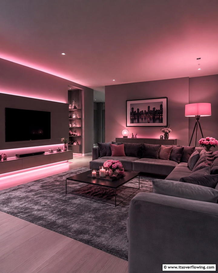 Pink Lighting with Grey Surroundings - 25 Pink and Grey Living Room Ideas for a Chic Space