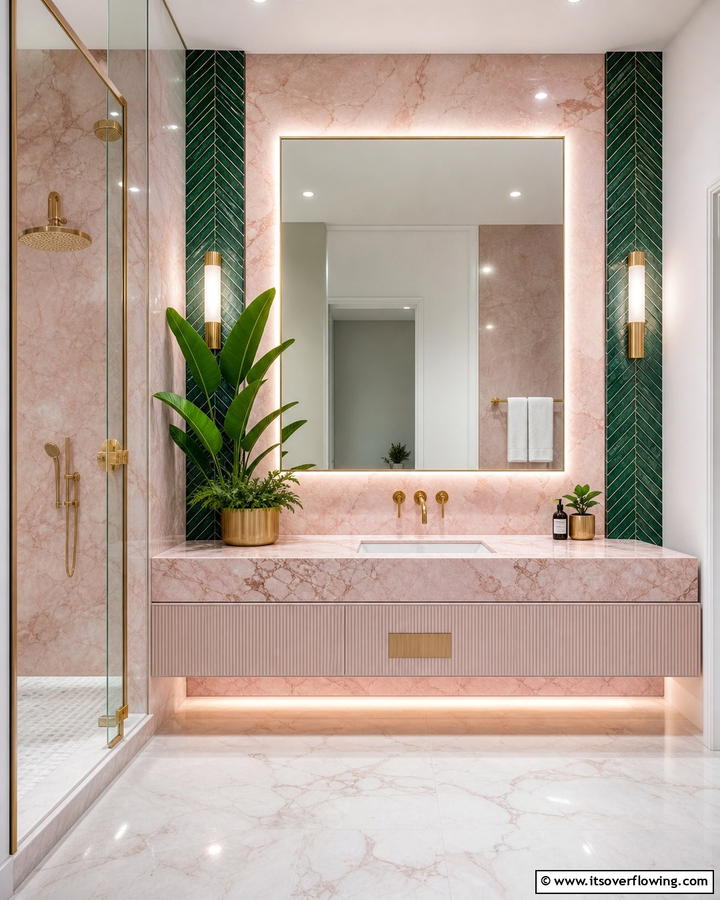 Pink Marble Vanity - 20 Vibrant Pink and Green Bathroom Design Ideas