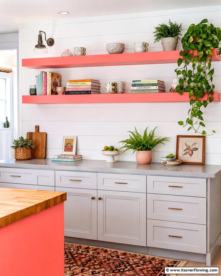 Pink Open Shelving for a Chic Display - 30 Pink Kitchen Ideas to Refresh Your Cooking Space