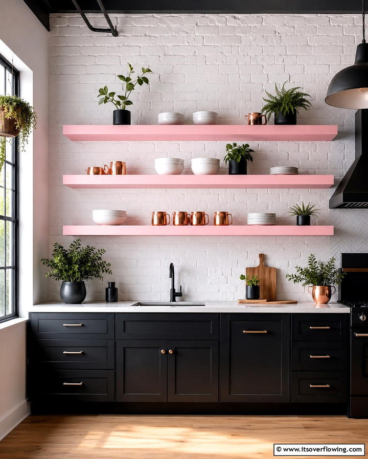 Pink Open Shelving - 30 Pink Kitchen Ideas to Refresh Your Cooking Space