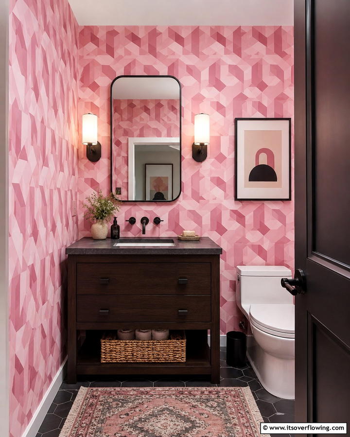 Pink Patterned Wallpaper for Visual Interest - 25 Pink Bathroom Ideas for a Soft and Serene Space