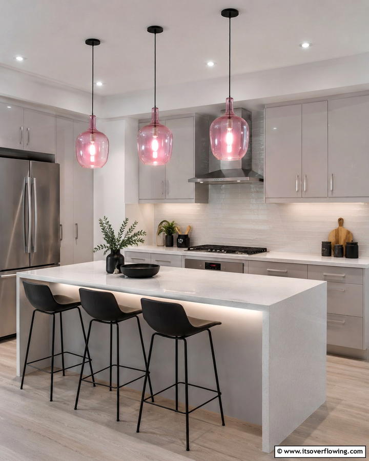 Pink Pendant Lighting for a Subtle Glow - 30 Pink Kitchen Ideas to Refresh Your Cooking Space